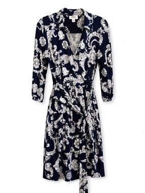 Talbots Navy and White Long-Sleeve Silk Wrap Dress NWT